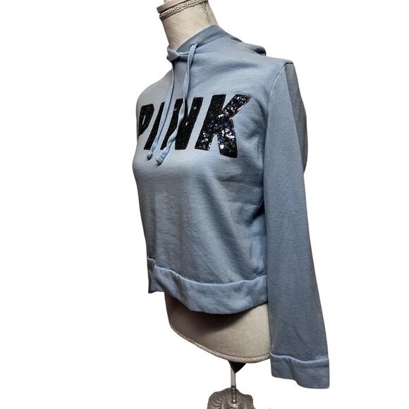 Victorias Secret Pink Womens Blue Sequin Crop Sweatshirt Hoodie Small Relaxed - Picture 3 of 9